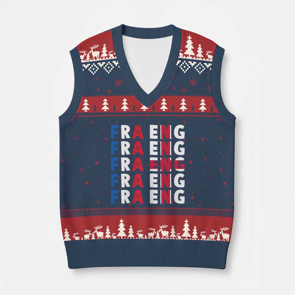 FRA ENG France England Flag Graphic V-Neck Knit Sweater Vest French English Typographic Dual Heritage Pride Match Day TS02 Navy Red Print Your Wear
