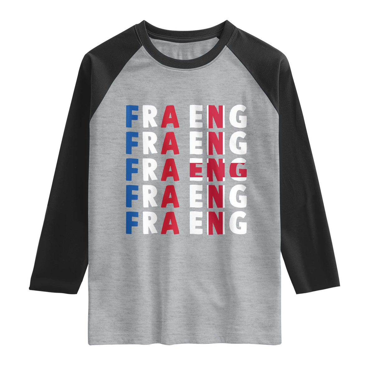FRA ENG France England Flag Graphic Raglan Shirt French English Typographic Dual Heritage Pride Match Day TS02 Heather Gray Black Print Your Wear