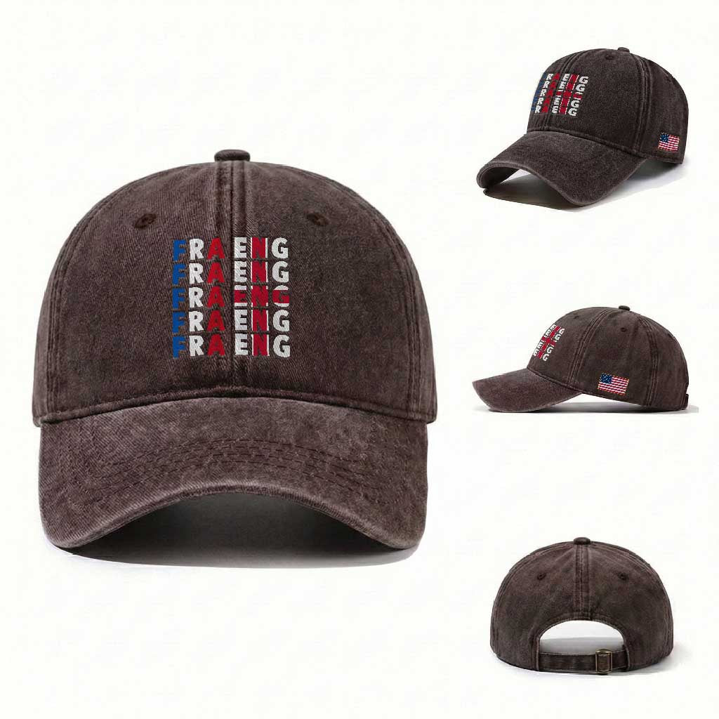 FRA ENG France England Flag Graphic Washed Cotton Baseball Cap French English Typographic Dual Heritage Pride Match Day TS02 Washed Cap Universal Fit Dark Brown Print Your Wear