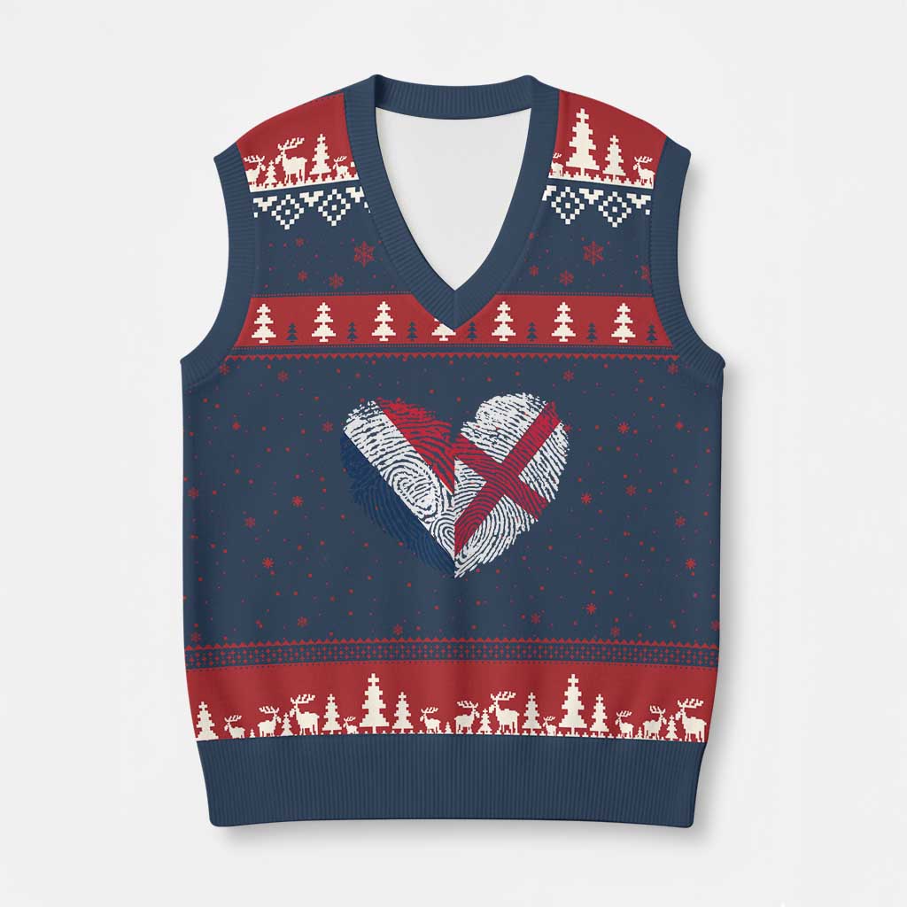 France England Flag Fingerprint Heart DNA Graphic V-Neck Knit Sweater Vest Proud Anglo English French Ancestry Love Identity TS02 Navy Red Print Your Wear