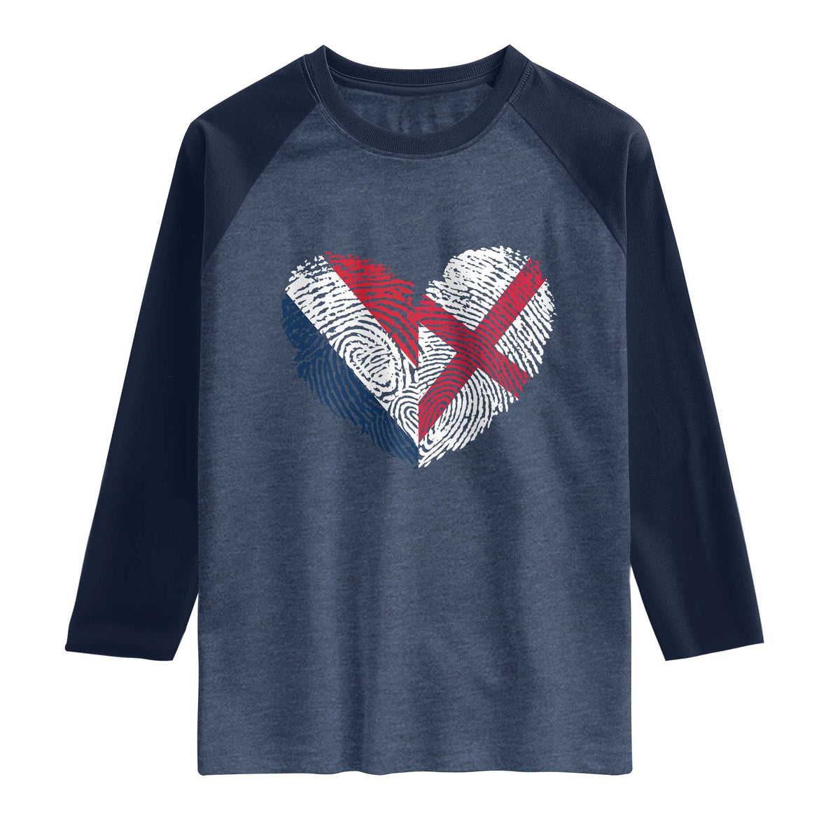 France England Flag Fingerprint Heart DNA Graphic Raglan Shirt Proud Anglo English French Ancestry Love Identity TS02 Heather Denim Navy Print Your Wear