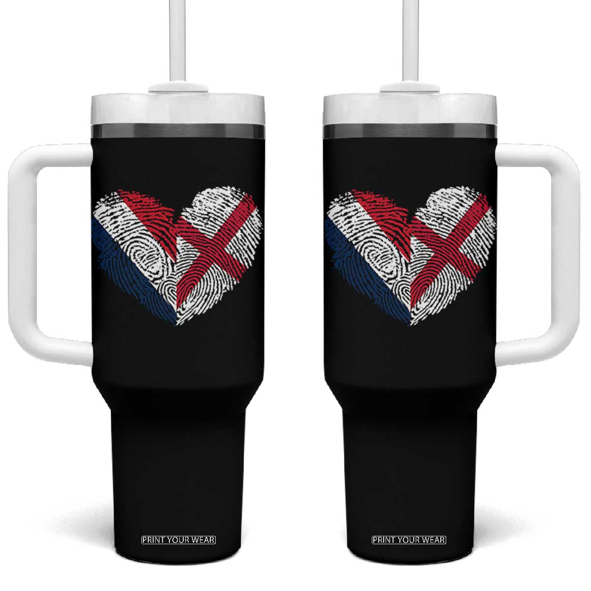 France England Flag Fingerprint Heart DNA Graphic Tumbler With Handle Proud Anglo English French Ancestry Love Identity TS02 One Size: 40 oz Black Print Your Wear