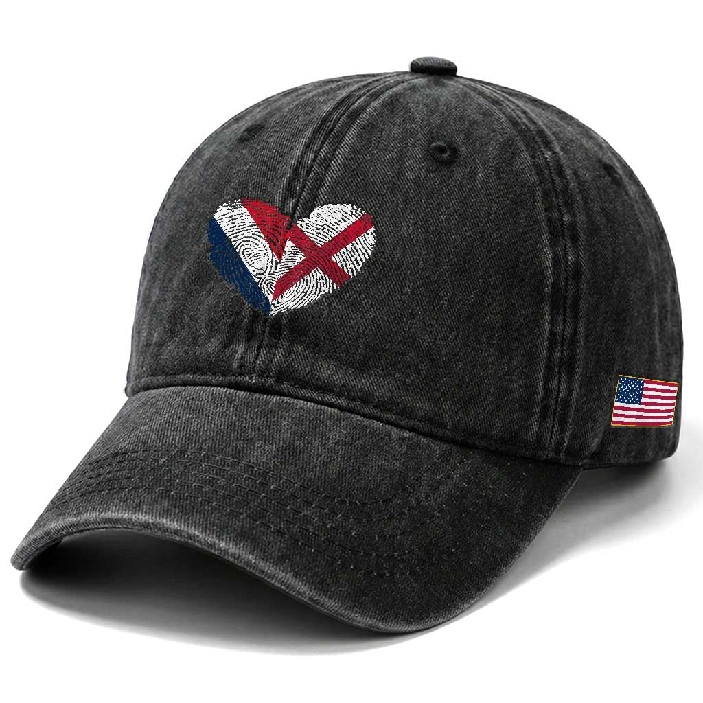 France England Flag Fingerprint Heart DNA Graphic Washed Cotton Baseball Cap Proud Anglo English French Ancestry Love Identity TS02 Print Your Wear