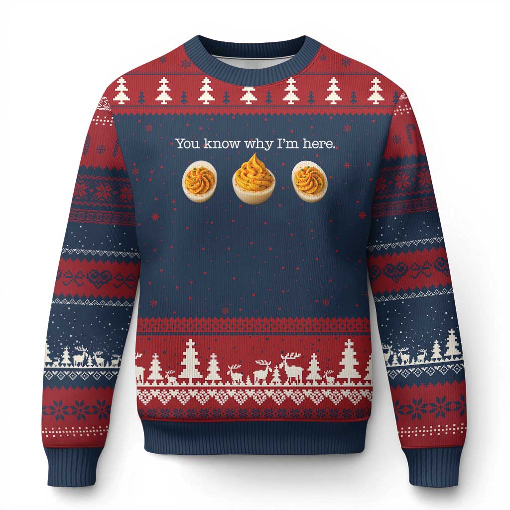 You Know Why I'm Here Deviled Eggs Ugly Christmas Sweater Funny Thanksgiving Potluck TS02 Navy Red Print Your Wear