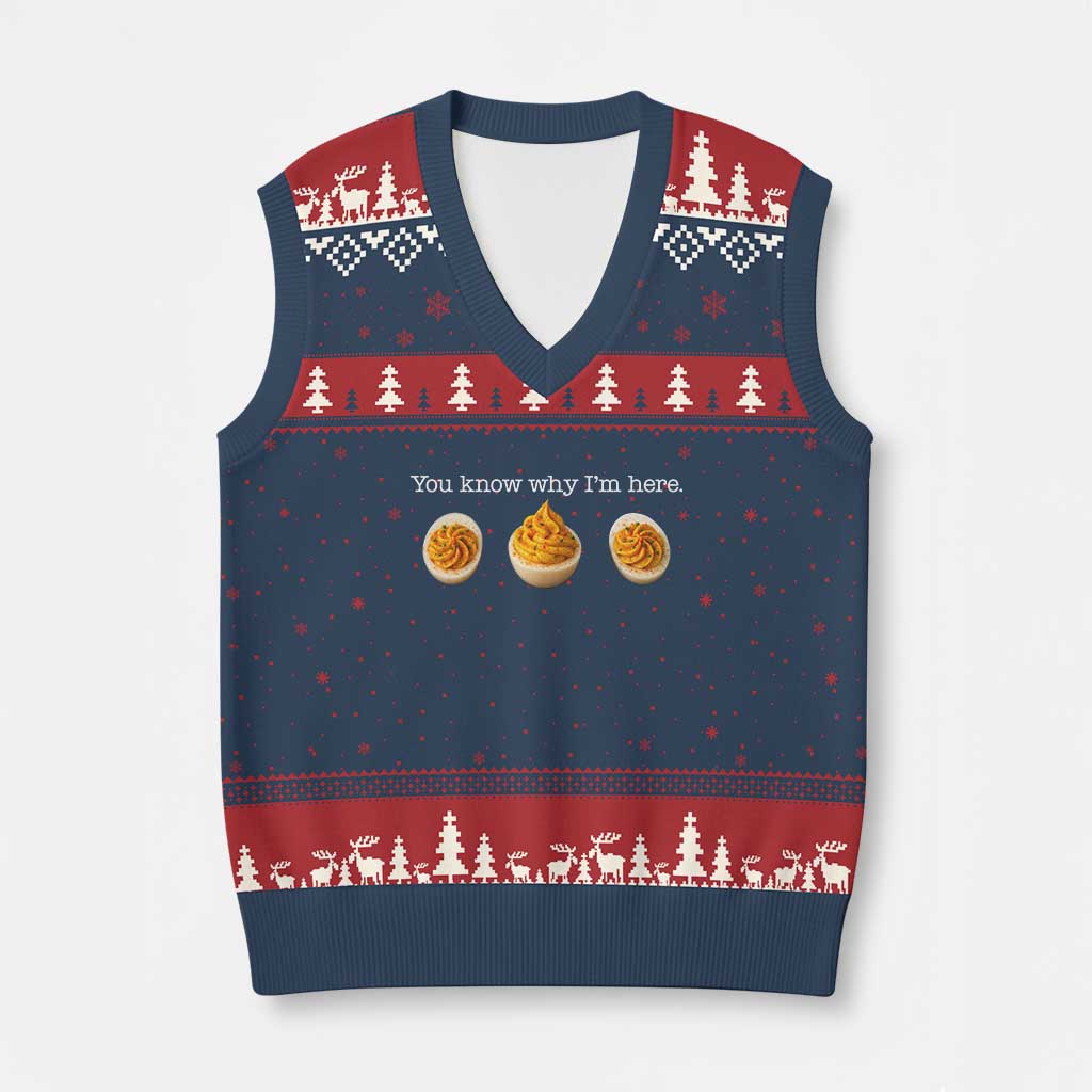 You Know Why I'm Here Deviled Eggs V-Neck Knit Sweater Vest Funny Thanksgiving Potluck TS02 Navy Red Print Your Wear