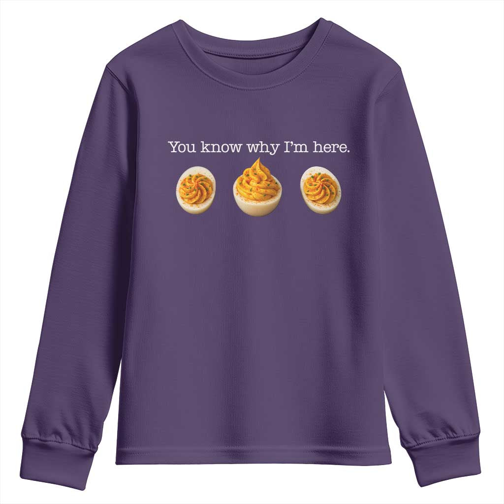 You Know Why I'm Here Deviled Eggs Youth Sweatshirt Funny Thanksgiving Potluck TS02 Purple Print Your Wear