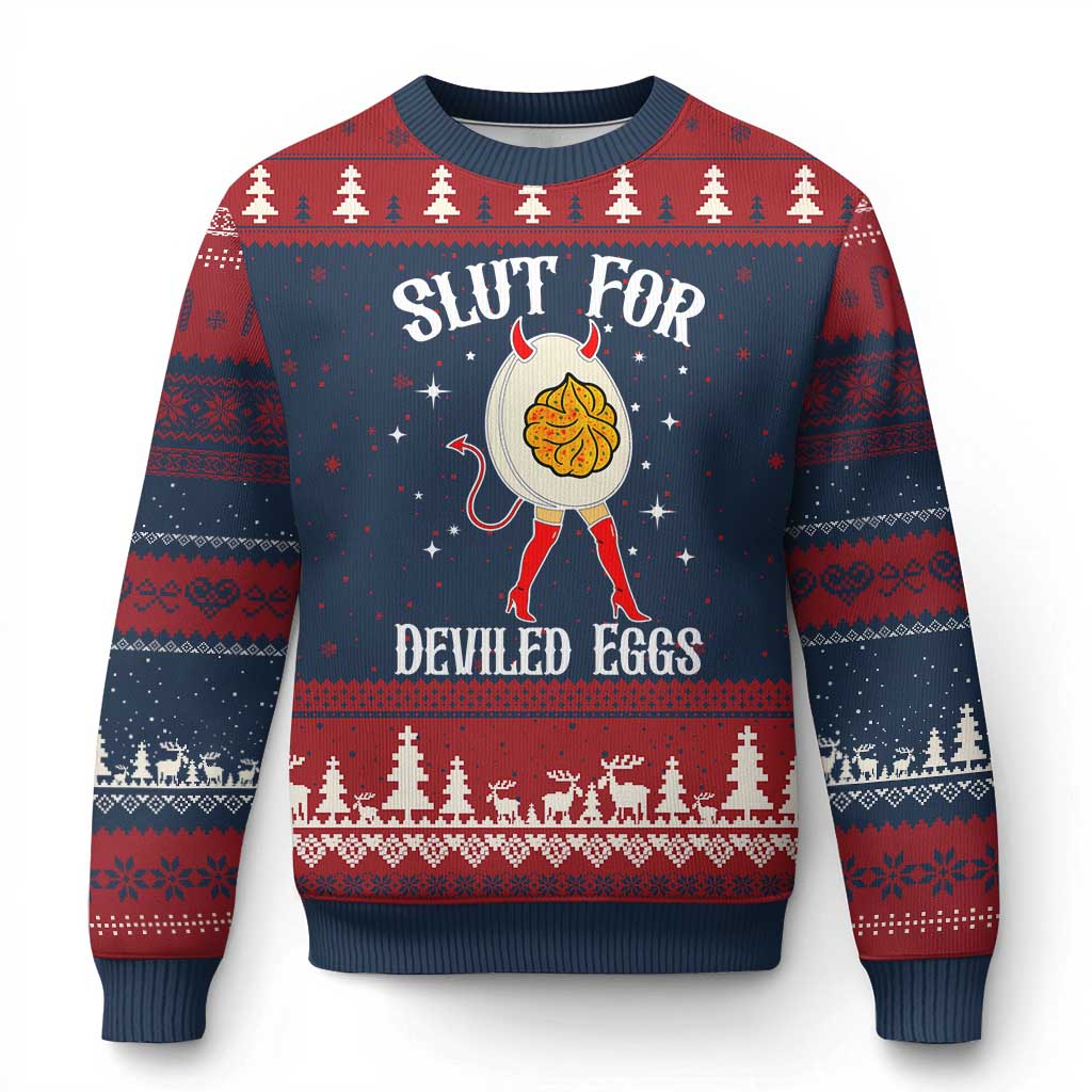 Funny Slut for Deviled Eggs Ugly Christmas Sweater Funny Naughty Thanksgiving Potluck TS02 Navy Red Print Your Wear