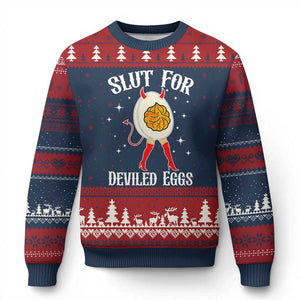 Funny Slut for Deviled Eggs Ugly Christmas Sweater Funny Naughty Thanksgiving Potluck TS02 Navy Red Print Your Wear