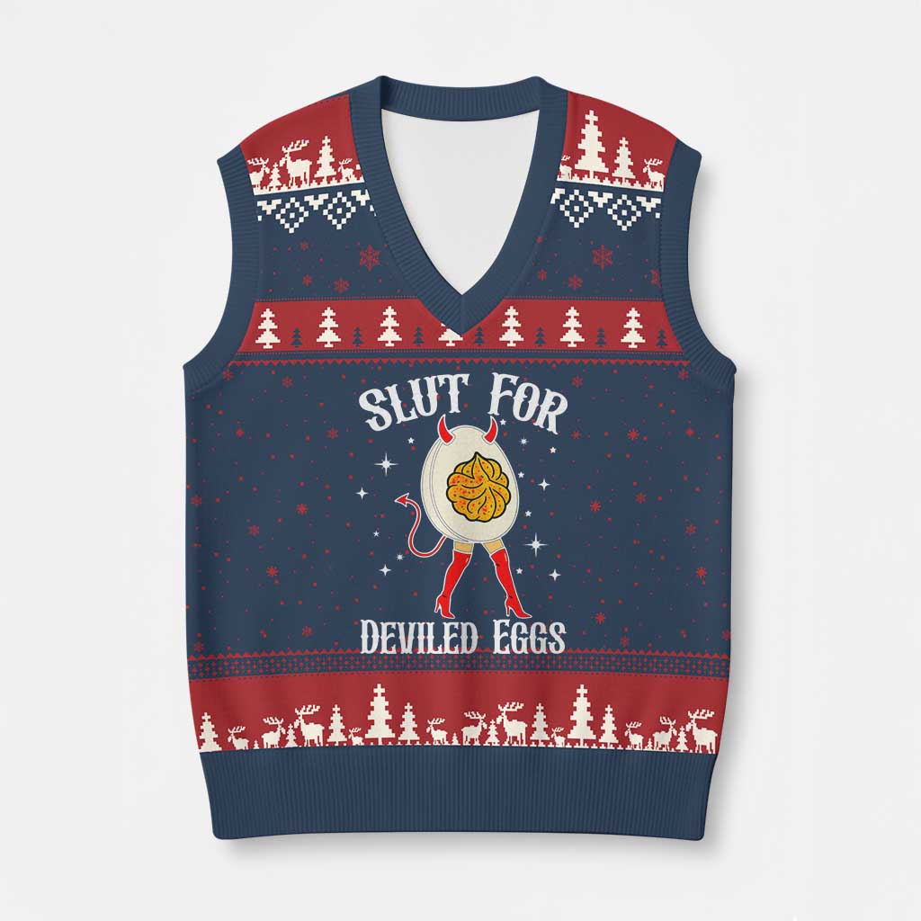 Funny Slut for Deviled Eggs V-Neck Knit Sweater Vest Funny Naughty Thanksgiving Potluck TS02 Navy Red Print Your Wear