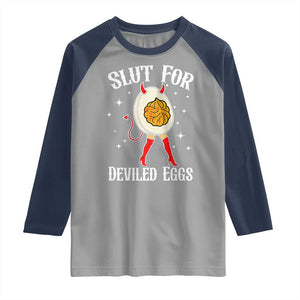 Funny Slut for Deviled Eggs Raglan Shirt Funny Naughty Thanksgiving Potluck TS02 Sport Gray Navy Print Your Wear