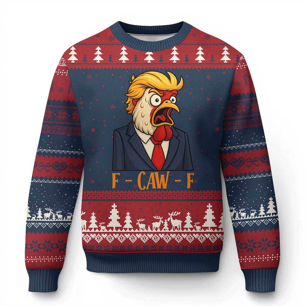 Funny F Caw F Chicken Trump Meme Ugly Christmas Sweater Rooster Subtle Political Satire Parody TS02 Navy Red Print Your Wear