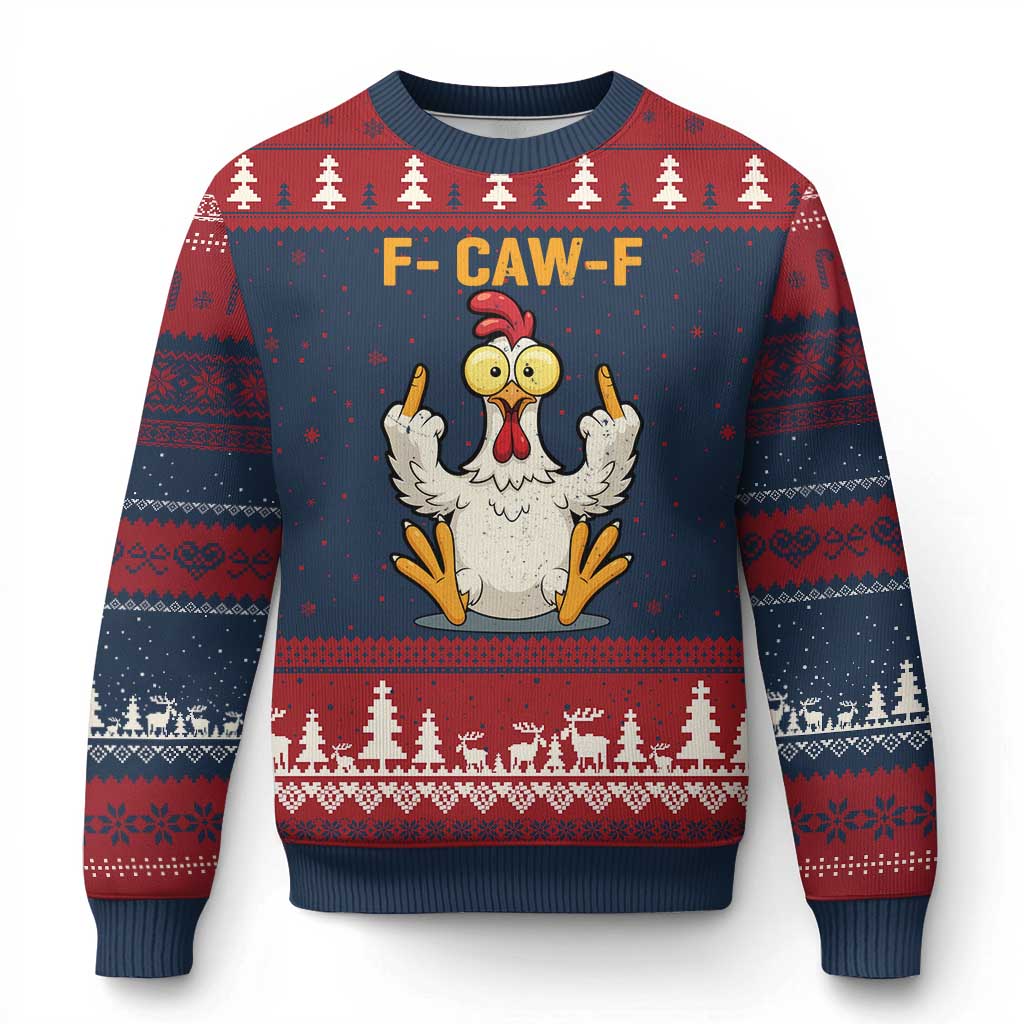 Funny F Caw F Sarcastic Chicken Meme Ugly Christmas Sweater Middle Finger Offensive Humor TS02 Navy Red Print Your Wear