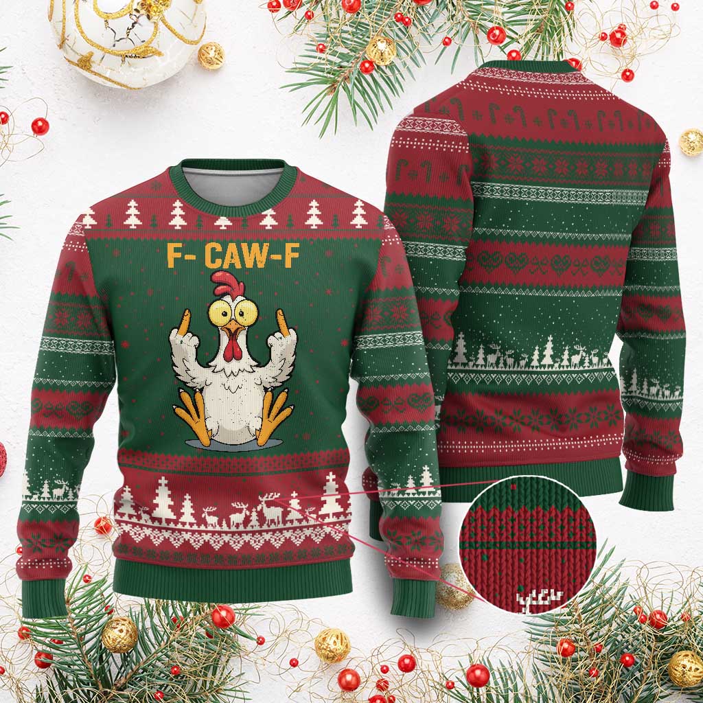 Funny F Caw F Sarcastic Chicken Meme Ugly Christmas Sweater Middle Finger Offensive Humor TS02 Red Green Print Your Wear