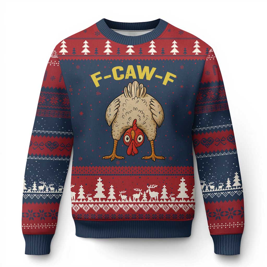 Funny F Caw F Bending Over Chicken Meme Ugly Christmas Sweater Upside Down Head Poultry Humor TS02 Navy Red Print Your Wear