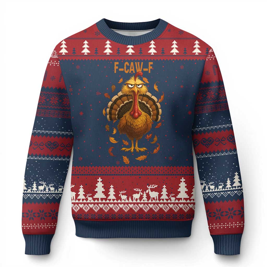 Funny F Caw F Turkey Meme Thanksgiving Graphic Ugly Christmas Sweater Funny Fowl Mood Humor TS02 Navy Red Print Your Wear