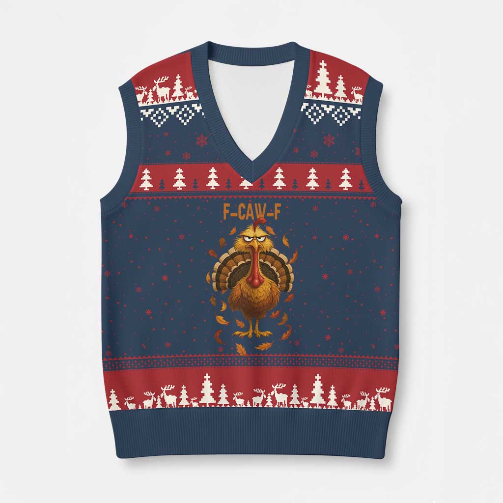 Funny F Caw F Turkey Meme Thanksgiving Graphic V-Neck Knit Sweater Vest Funny Fowl Mood Humor TS02 Navy Red Print Your Wear