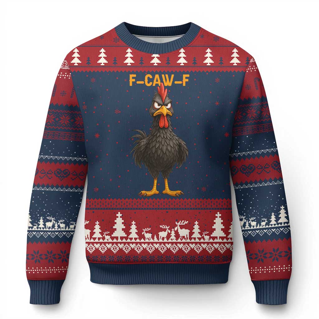 Funny F Caw F Grumpy Black Chicken Graphic Ugly Christmas Sweater Moody Bird Meme for Sarcastic Animal Lovers TS02 Navy Red Print Your Wear