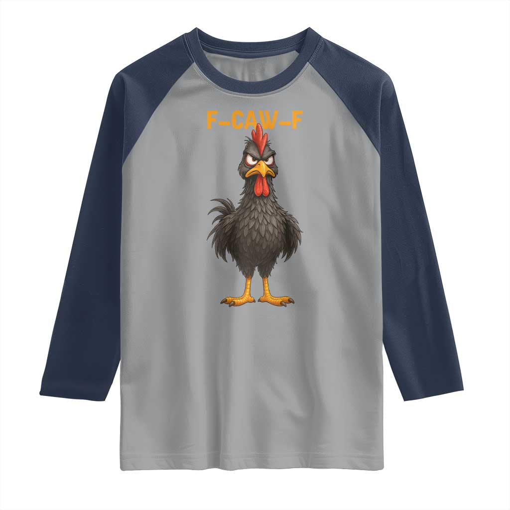 Funny F Caw F Grumpy Black Chicken Graphic Raglan Shirt Moody Bird Meme for Sarcastic Animal Lovers TS02 Sport Gray Navy Print Your Wear