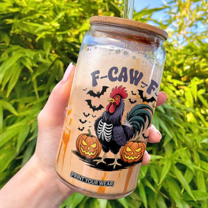 F Caw F Halloween Chicken Skeleton Glass Can Spooky Funny Rooster Meme TS02 White Print Your Wear