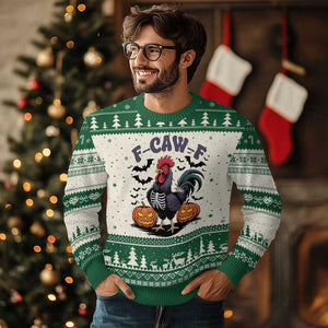 F Caw F Halloween Chicken Skeleton Ugly Christmas Sweater Spooky Funny Rooster Meme TS02 Beige Green Print Your Wear