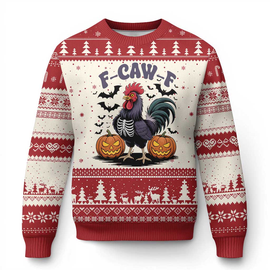 F Caw F Halloween Chicken Skeleton Ugly Christmas Sweater Spooky Funny Rooster Meme TS02 Beige Red Print Your Wear