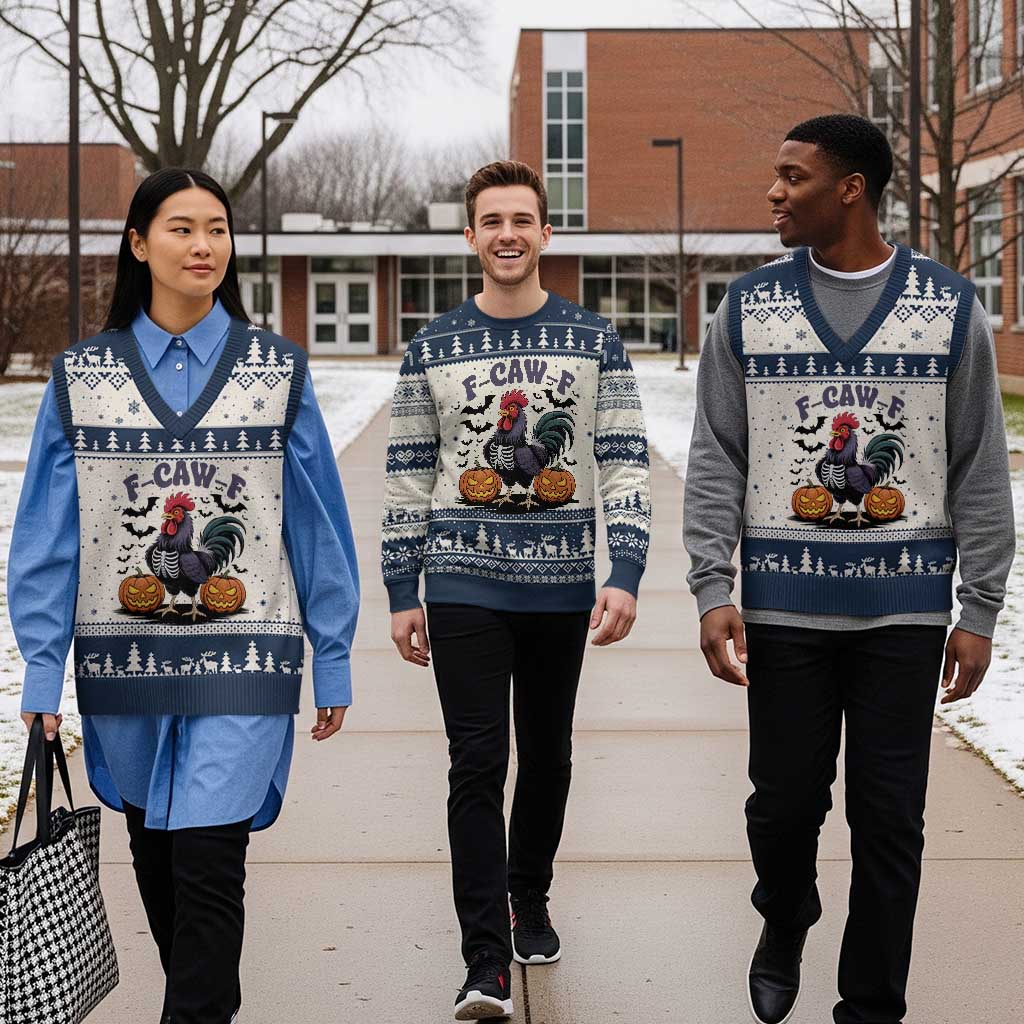 F Caw F Halloween Chicken Skeleton V-Neck Knit Sweater Vest Spooky Funny Rooster Meme TS02 Beige Navy Print Your Wear