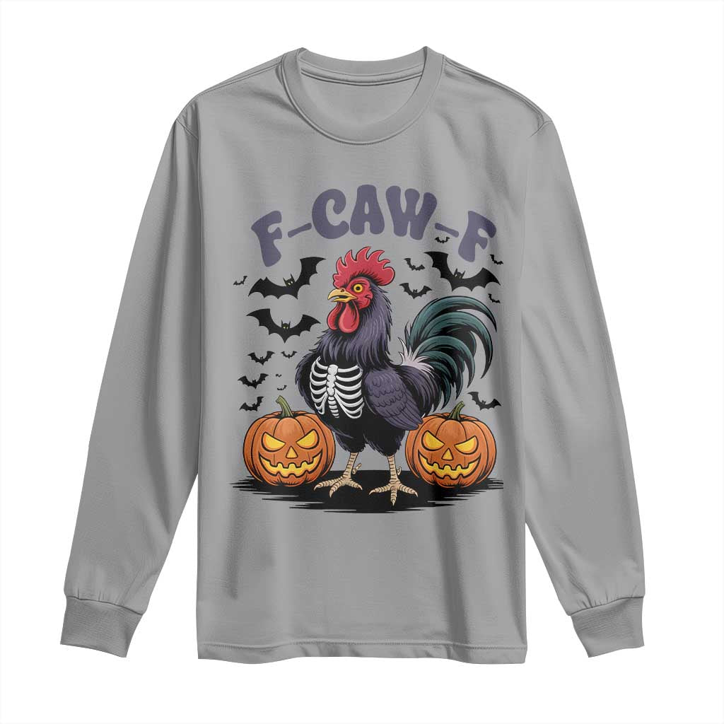 F Caw F Halloween Chicken Skeleton Long Sleeve Shirt Spooky Funny Rooster Meme TS02 Sport Gray Print Your Wear