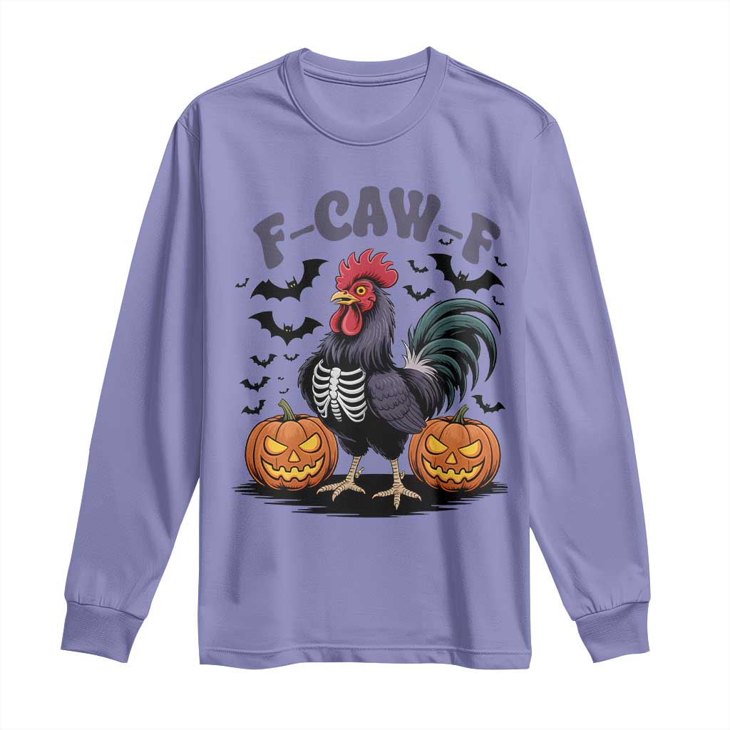 F Caw F Halloween Chicken Skeleton Long Sleeve Shirt Spooky Funny Rooster Meme TS02 Violet Print Your Wear