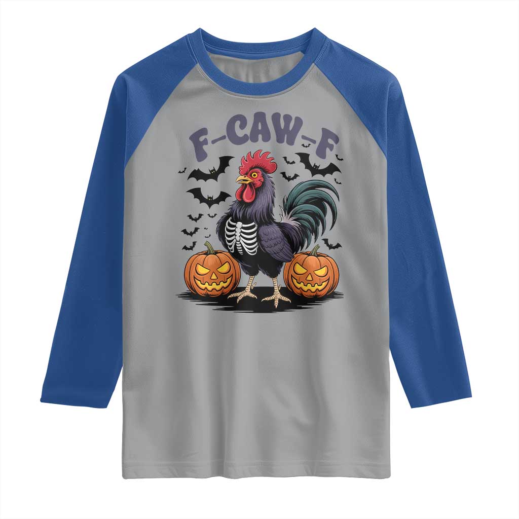 F Caw F Halloween Chicken Skeleton Raglan Shirt Spooky Funny Rooster Meme TS02 Sport Gray Royal Print Your Wear