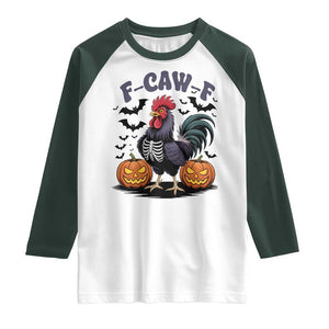 F Caw F Halloween Chicken Skeleton Raglan Shirt Spooky Funny Rooster Meme TS02 White Dark Forest Green Print Your Wear
