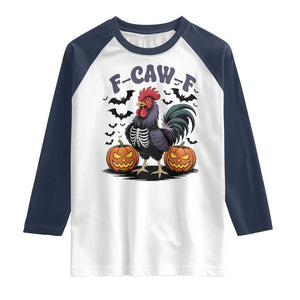 F Caw F Halloween Chicken Skeleton Raglan Shirt Spooky Funny Rooster Meme TS02 White Navy Print Your Wear