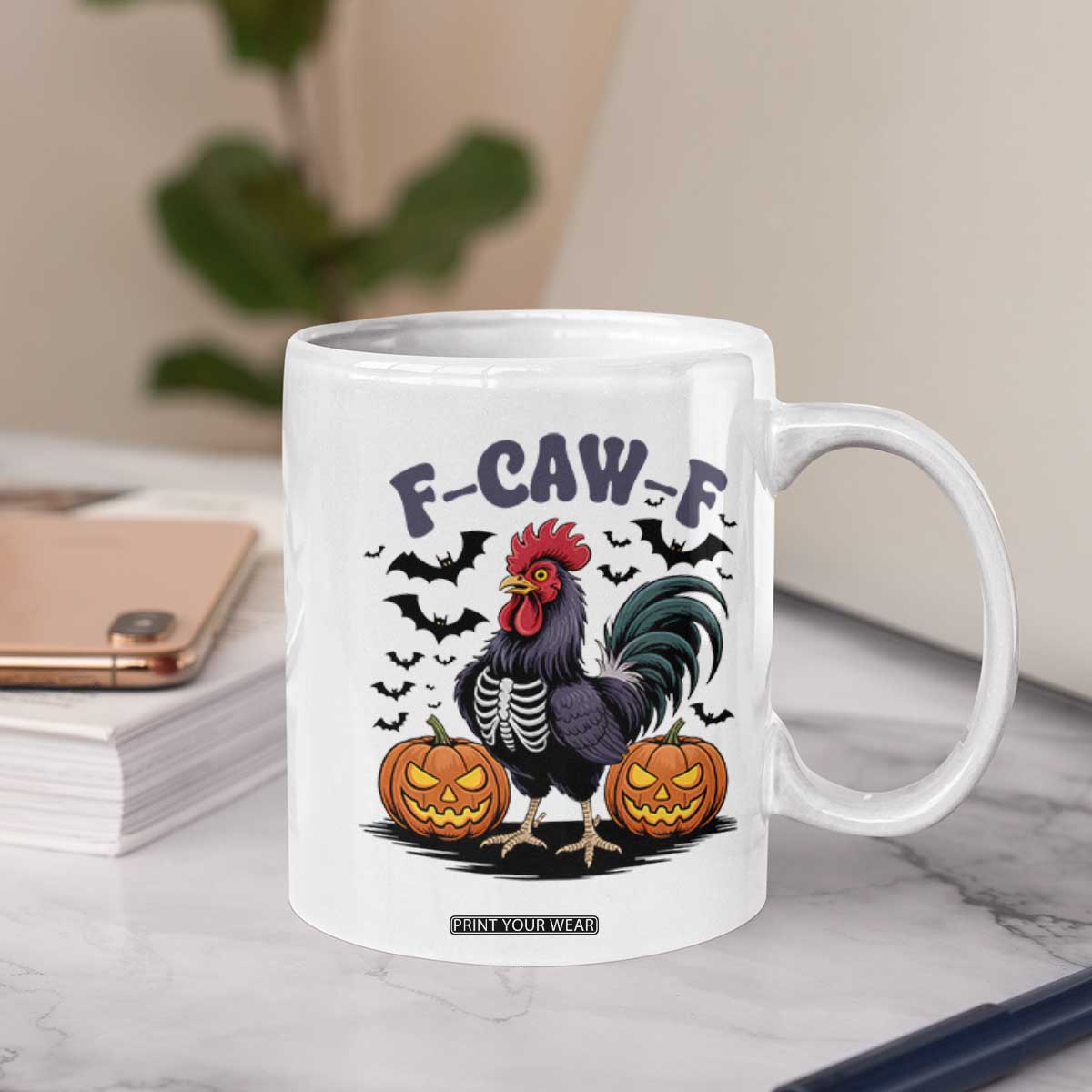 F Caw F Halloween Chicken Skeleton Coffee Mug Spooky Funny Rooster Meme TS02 Print Your Wear