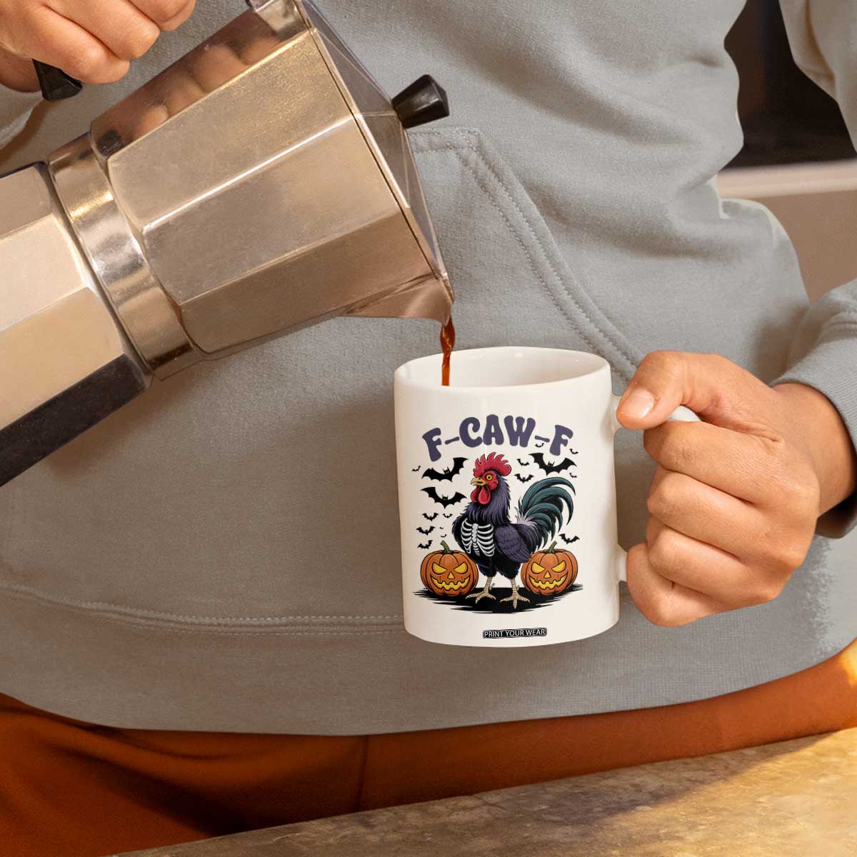 F Caw F Halloween Chicken Skeleton Coffee Mug Spooky Funny Rooster Meme TS02 Print Your Wear