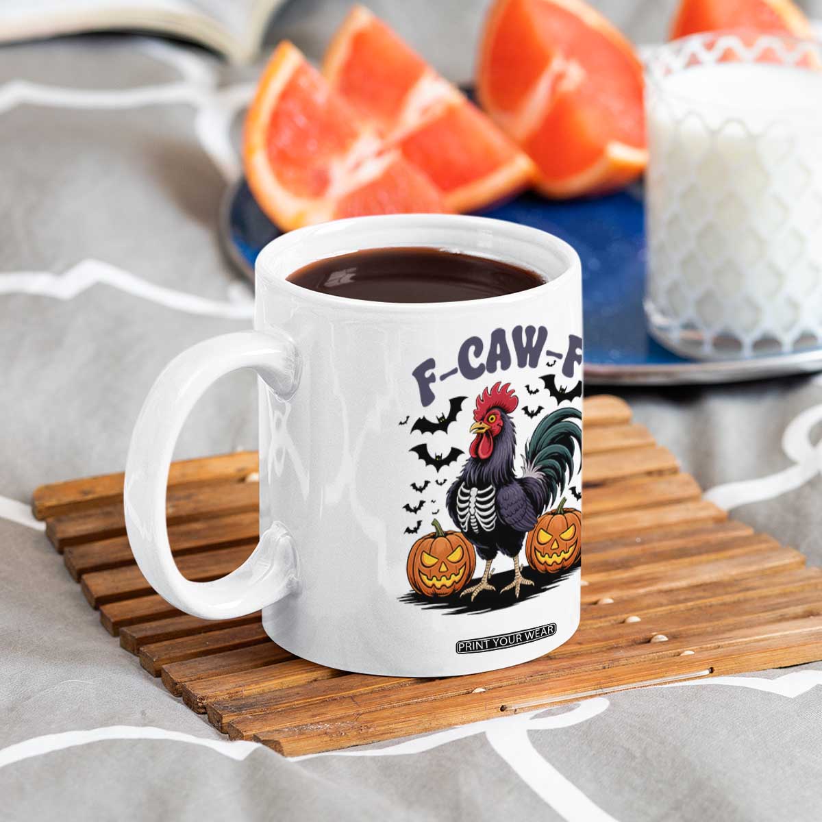 F Caw F Halloween Chicken Skeleton Coffee Mug Spooky Funny Rooster Meme TS02 Print Your Wear