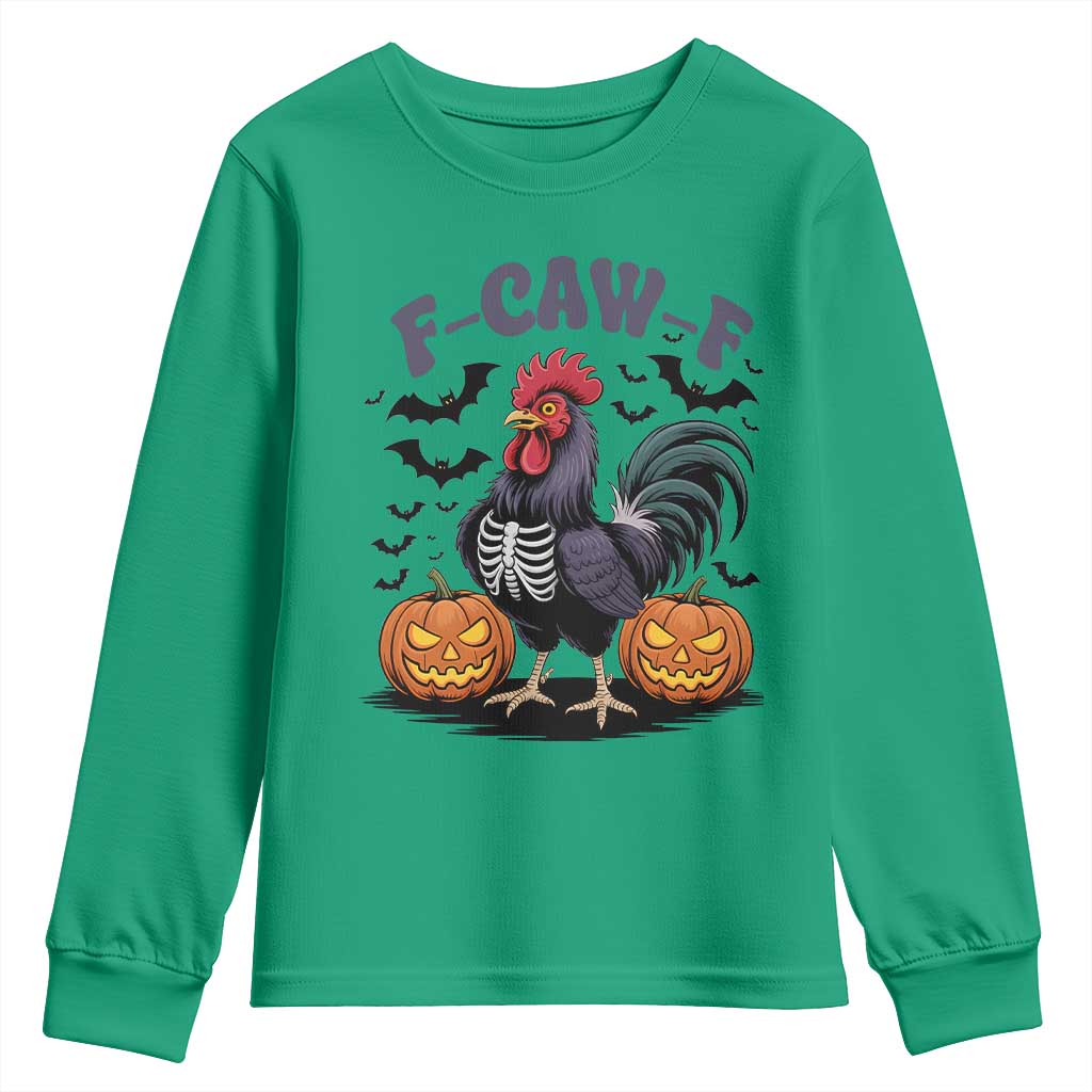 F Caw F Halloween Chicken Skeleton Youth Sweatshirt Spooky Funny Rooster Meme TS02 Irish Green Print Your Wear
