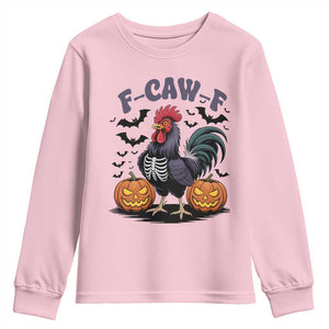 F Caw F Halloween Chicken Skeleton Youth Sweatshirt Spooky Funny Rooster Meme TS02 Light Pink Print Your Wear