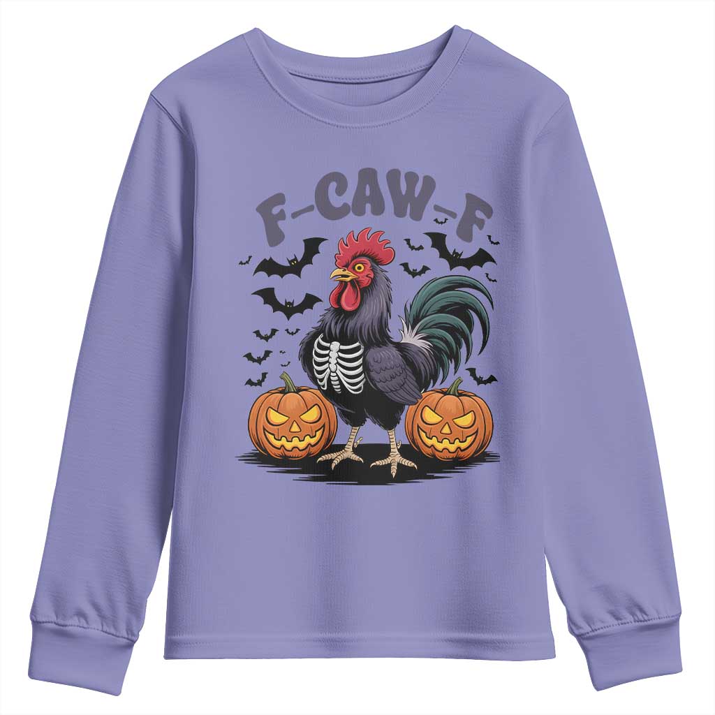 F Caw F Halloween Chicken Skeleton Youth Sweatshirt Spooky Funny Rooster Meme TS02 Violet Print Your Wear