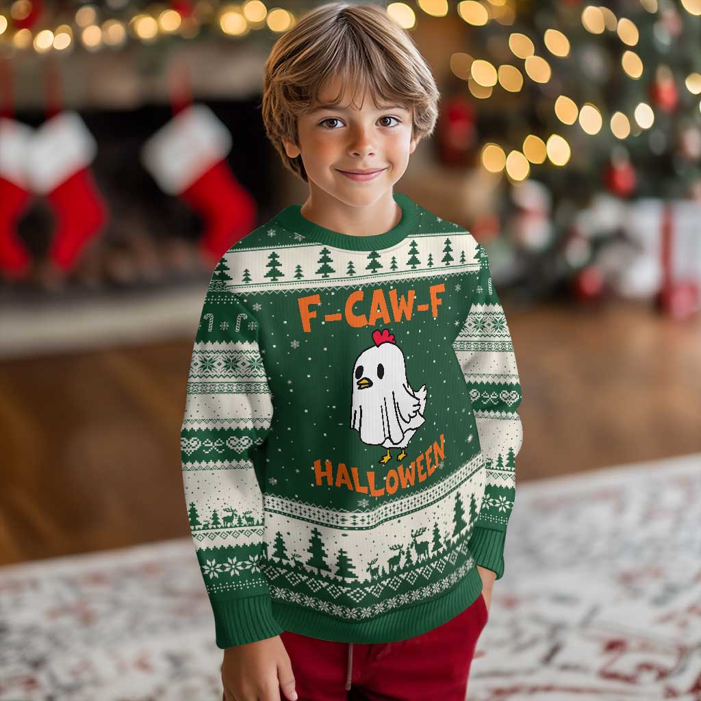 F Caw F Ghost Chicken Costume Ugly Christmas Sweater Funny Cute Halloween Poultry Lover TS02 Forest Green Beige Print Your Wear