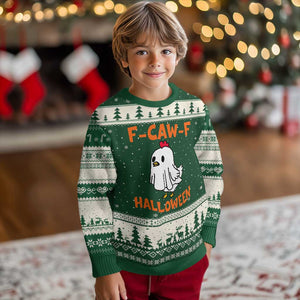 F Caw F Ghost Chicken Costume Ugly Christmas Sweater Funny Cute Halloween Poultry Lover TS02 Forest Green Beige Print Your Wear