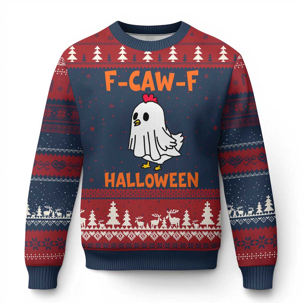F Caw F Ghost Chicken Costume Ugly Christmas Sweater Funny Cute Halloween Poultry Lover TS02 Navy Red Print Your Wear