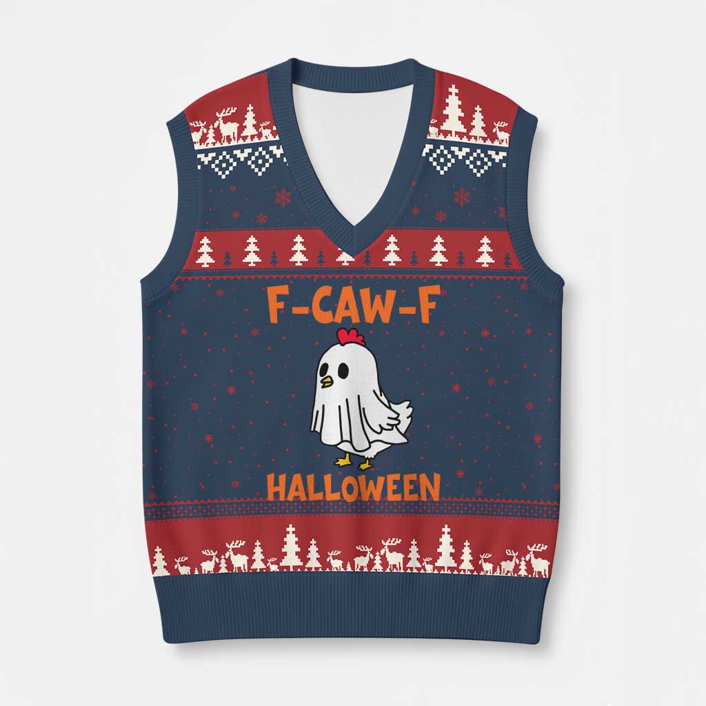 F Caw F Ghost Chicken Costume V-Neck Knit Sweater Vest Funny Cute Halloween Poultry Lover TS02 Navy Red Print Your Wear