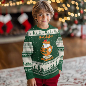 F Caw F Chicken Cute Halloween Costume Ugly Christmas Sweater Funny Jack O LAttern Poultry Meme Fall Vibes TS02 Forest Green Beige Print Your Wear