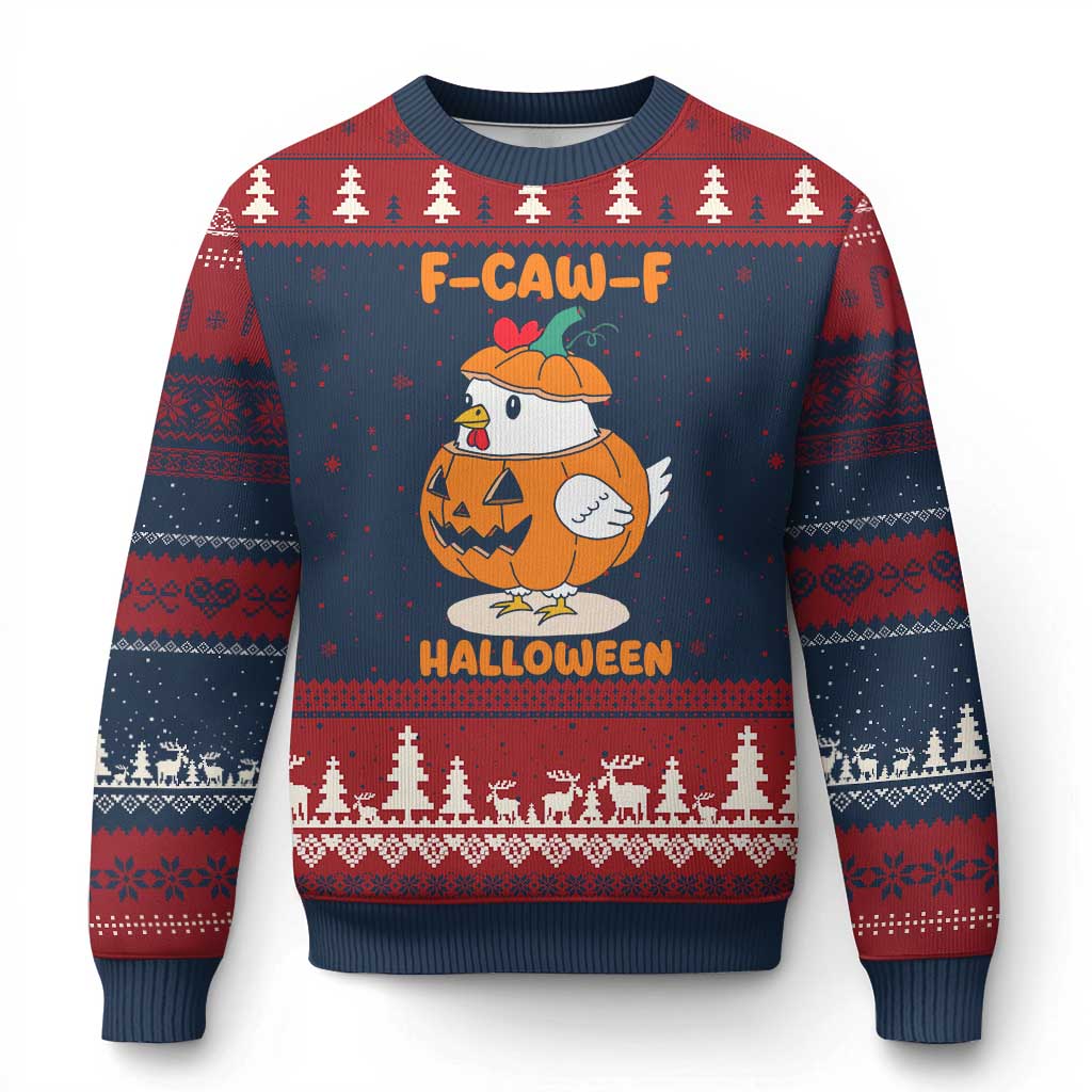 F Caw F Chicken Cute Halloween Costume Ugly Christmas Sweater Funny Jack O LAttern Poultry Meme Fall Vibes TS02 Navy Red Print Your Wear