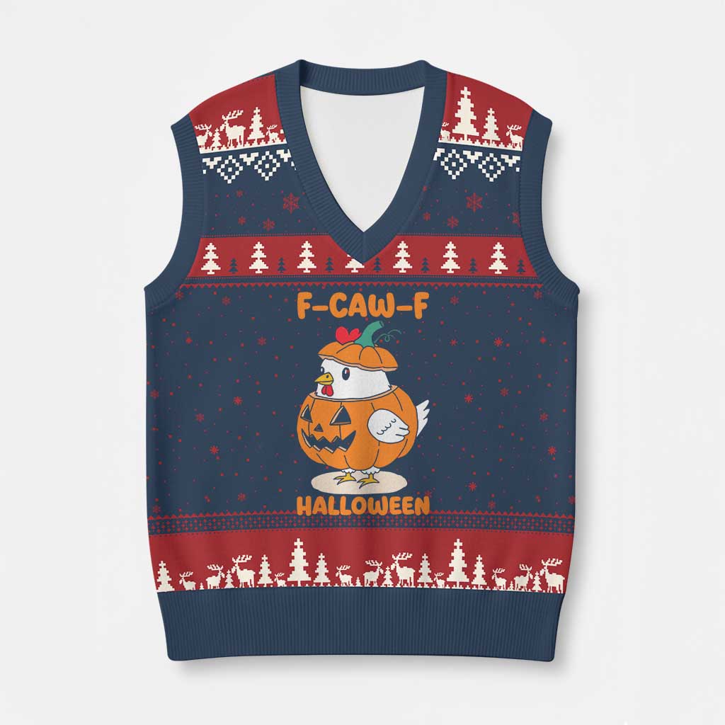 F Caw F Chicken Cute Halloween Costume V-Neck Knit Sweater Vest Funny Jack O LAttern Poultry Meme Fall Vibes TS02 Navy Red Print Your Wear