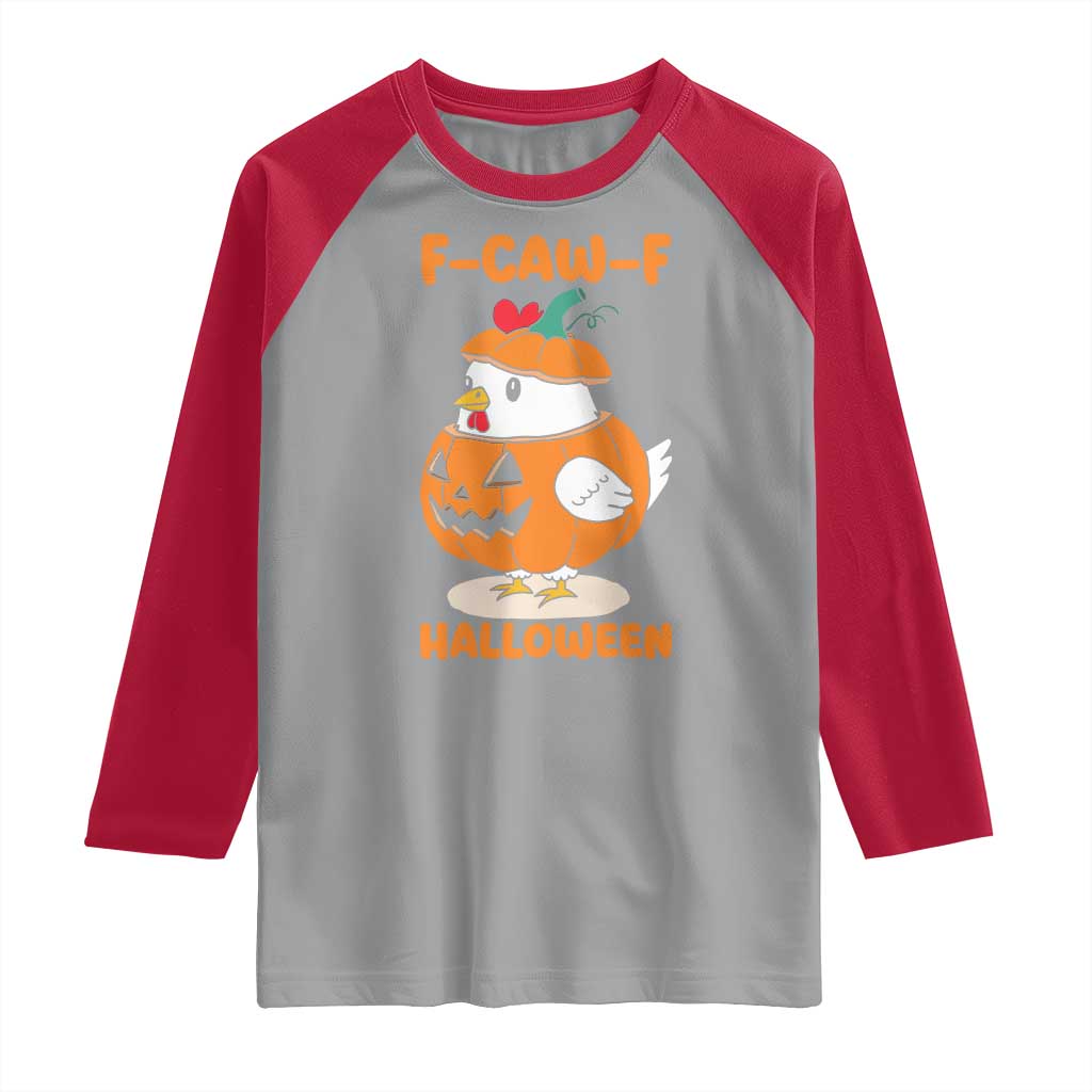F Caw F Chicken Cute Halloween Costume Raglan Shirt Funny Jack O LAttern Poultry Meme Fall Vibes TS02 Sport Gray Red Print Your Wear