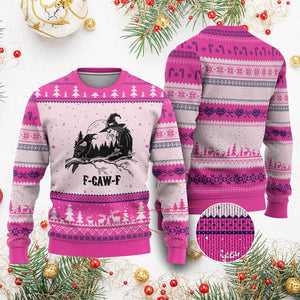 F Caw F Gothic Raven and Witch Ugly Christmas Sweater Funny Halloween Spooky October Vibes TS02 Hot Pink Print Your Wear