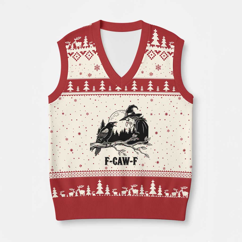 F Caw F Gothic Raven and Witch V-Neck Knit Sweater Vest Funny Halloween Spooky October Vibes TS02 Beige Red Print Your Wear