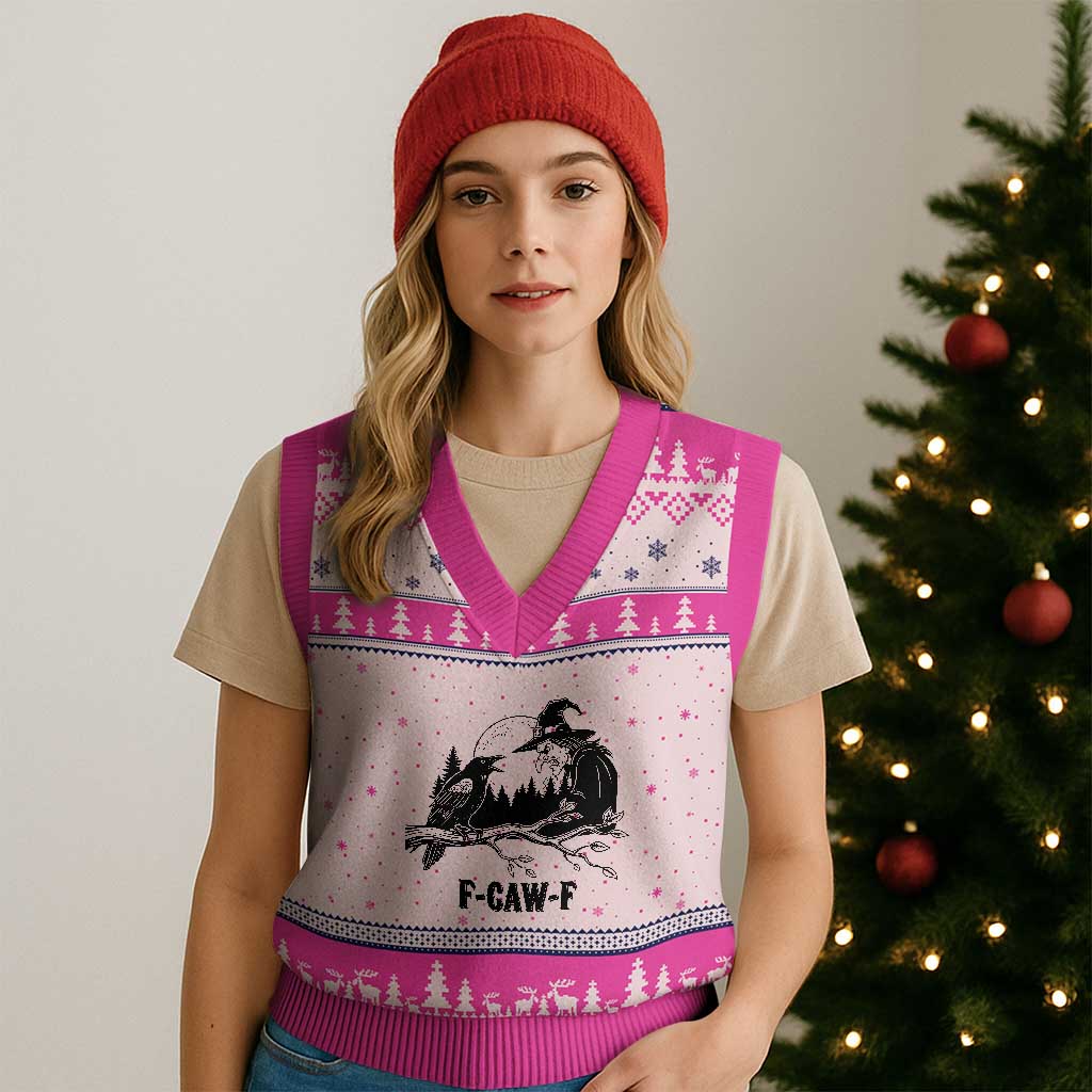 F Caw F Gothic Raven and Witch V-Neck Knit Sweater Vest Funny Halloween Spooky October Vibes TS02 Hot Pink Print Your Wear