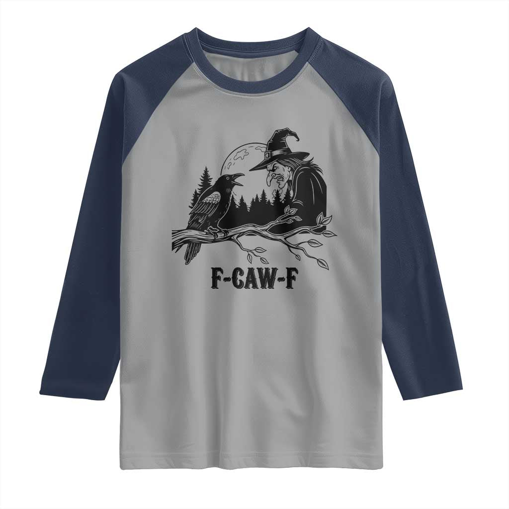 F Caw F Gothic Raven and Witch Raglan Shirt Funny Halloween Spooky October Vibes TS02 Sport Gray Navy Print Your Wear