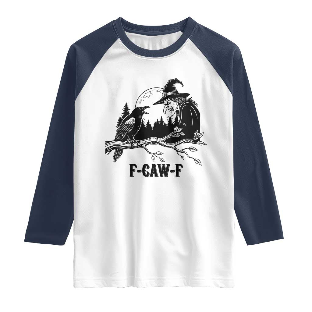 F Caw F Gothic Raven and Witch Raglan Shirt Funny Halloween Spooky October Vibes TS02 White Navy Print Your Wear
